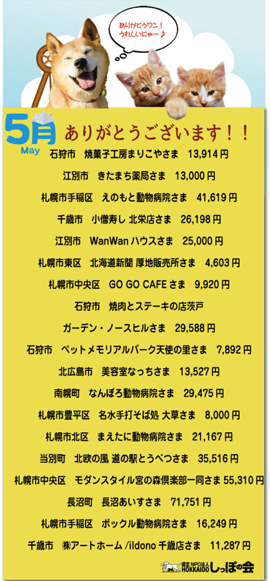 ♡ご協力ありがとうございます！5月にいただいた募金です♡: しっぽレポート